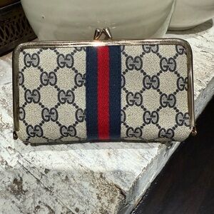 Gucci Cream and Blue Wallet with Monogram Design